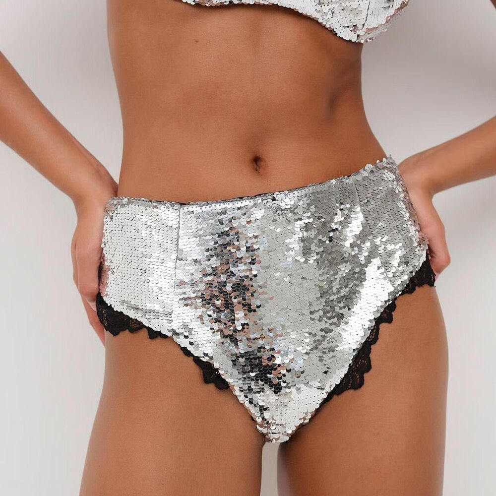 FLL Maia High-Waist Panty | Silver Sequins | XS | NWT